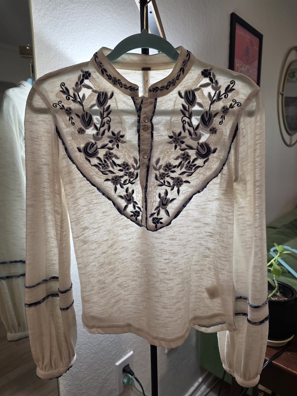 Free People Ivory Blouse with Navy Floral Embroidery